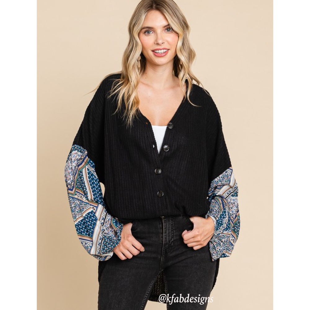 LAST 1! Boho Balloon Sleeve Black/Blue Waffle Knit Oversized Button Down Top - Picture 2 of 7